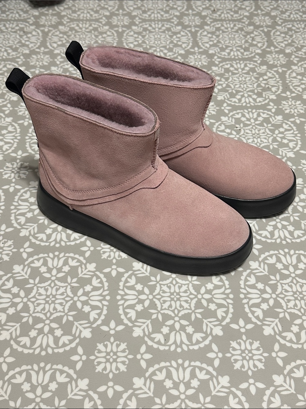 UGG Pink Suede Short Boots with Black Sole